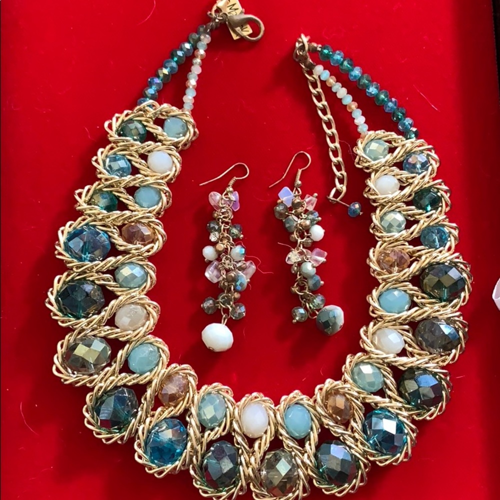 Blue/green beaded statement necklace/earrings